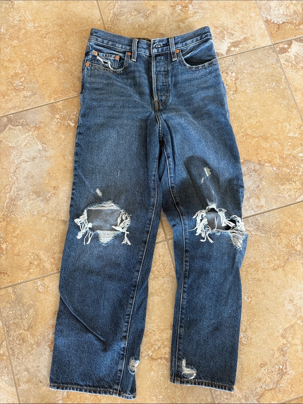 Levi's Women's Straight Jeans - Distressed Dark Blue Denim